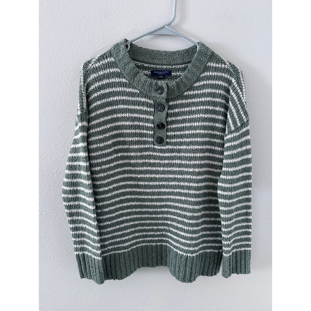 American Eagle Henley Sweater Small Green Striped Excellent Knit Pullover Button